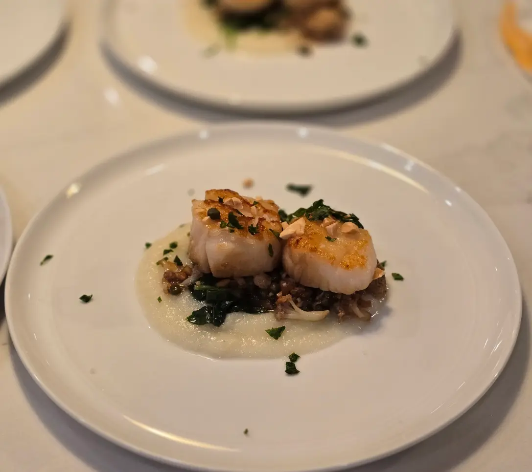 Two seared scallops with cauliflower, greens and a light sauce.
