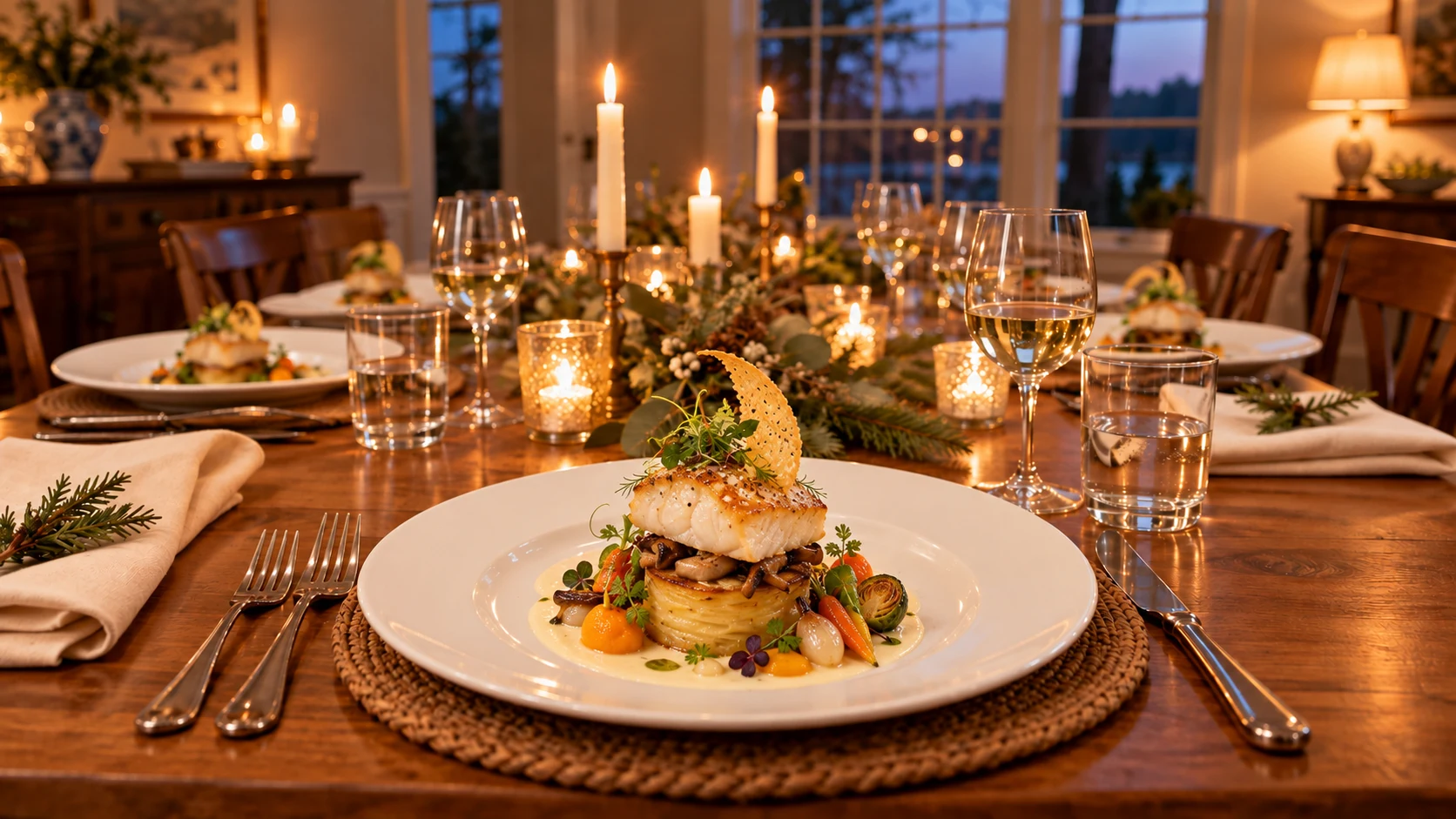 A plated fish entree with vegetables at a candlelit holiday dinner table.