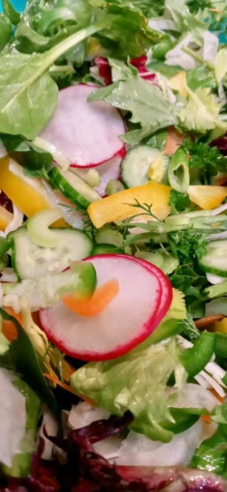A mixed green salad with thinly sliced radishes and colorful vegetables.